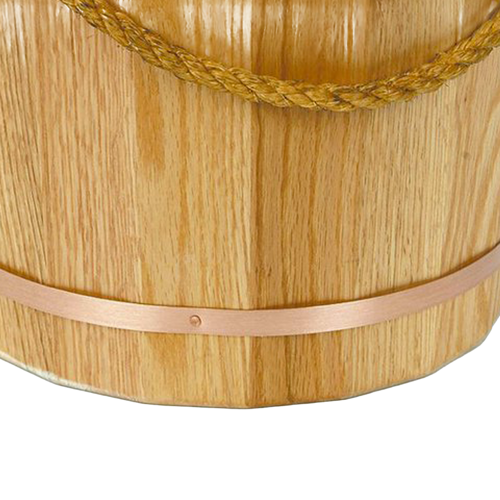 Handcrafted oak wooden bucket featuring burnished copper-colored metal band and handmade sisal rope, designed for Farm, Garden & Tool, Farm Tools, Garden Accessories, USA Made, Best Sellers, and Promo Eligible collections.