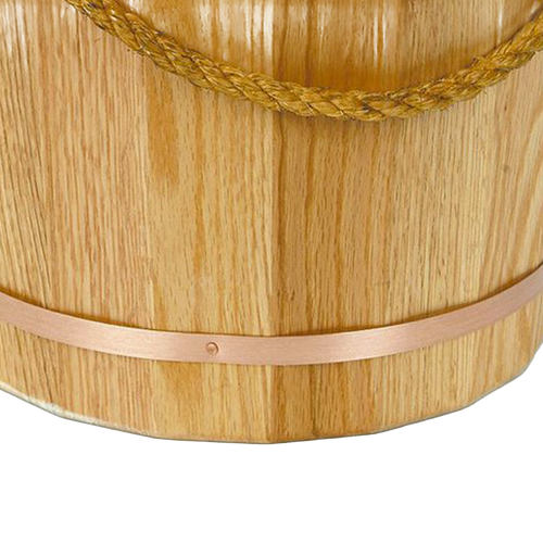 Handcrafted oak wooden bucket featuring burnished copper-colored metal band and handmade sisal rope, designed for Farm, Garden & Tool, Farm Tools, Garden Accessories, USA Made, Best Sellers, and Promo Eligible collections.