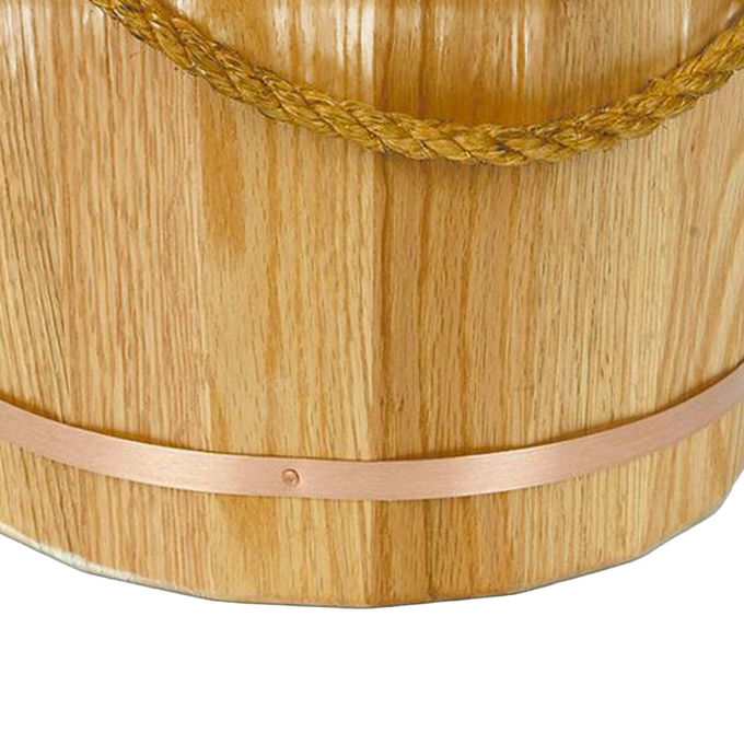 Handcrafted oak wooden bucket featuring burnished copper-colored metal band and handmade sisal rope, designed for Farm, Garden & Tool, Farm Tools, Garden Accessories, USA Made, Best Sellers, and Promo Eligible collections.