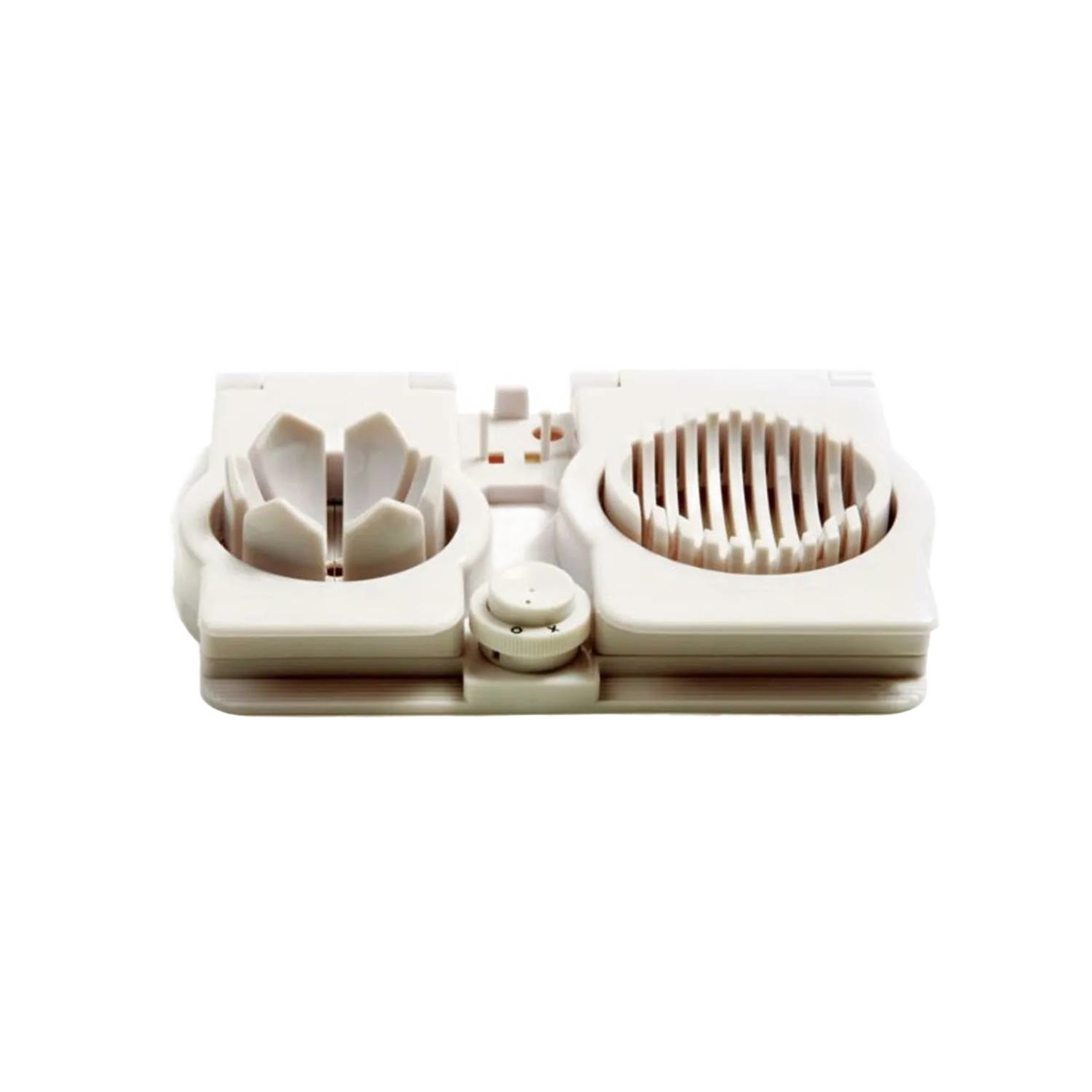 Compact plastic kitchen gadget with dual slicing compartments designed for creating uniform egg slices and wedges, featured in Kitchen & Food and Food Prep collections.