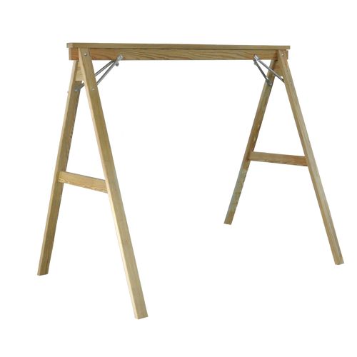 Handcrafted Amish made A-frame swing stand in natural wood finish, designed for hanging porch swings; featured in Home & Decor, Outdoor Furniture, USA Made, and Best Sellers collections.