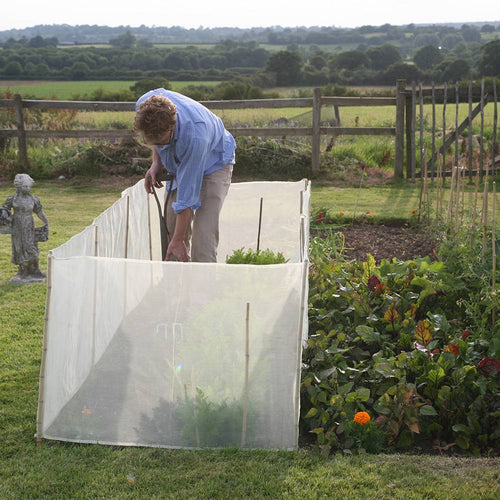 Gardener adjusting a micromesh barrier supported by bamboo stakes around crops to protect plants from pests and wind, set in a lush garden surrounded by farmland.