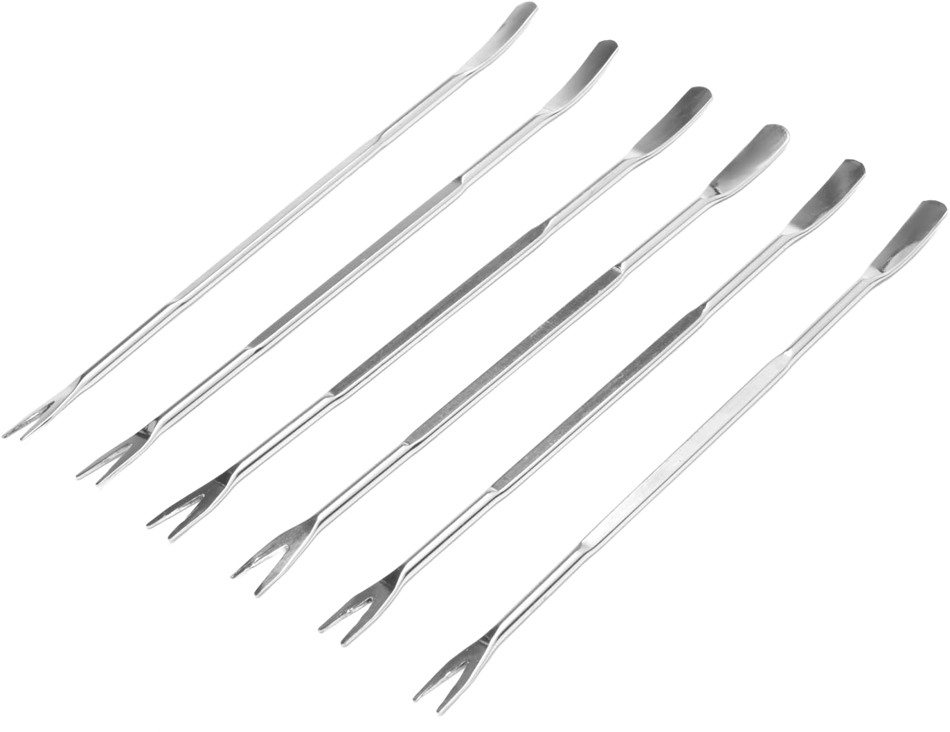 Set of six stainless steel seafood picks with slender, double-pronged ends and ergonomic handles, perfect for enjoying shellfish, featured in Kitchen & Food and Best Sellers collections.