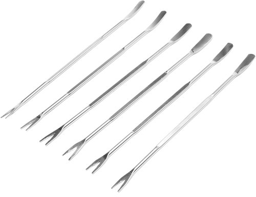 Set of six stainless steel seafood picks with slender, double-pronged ends and ergonomic handles, perfect for enjoying shellfish, featured in Kitchen & Food and Best Sellers collections.