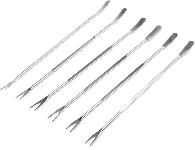 Set of six stainless steel seafood picks with slender, double-pronged ends and ergonomic handles, perfect for enjoying shellfish, featured in Kitchen & Food and Best Sellers collections.