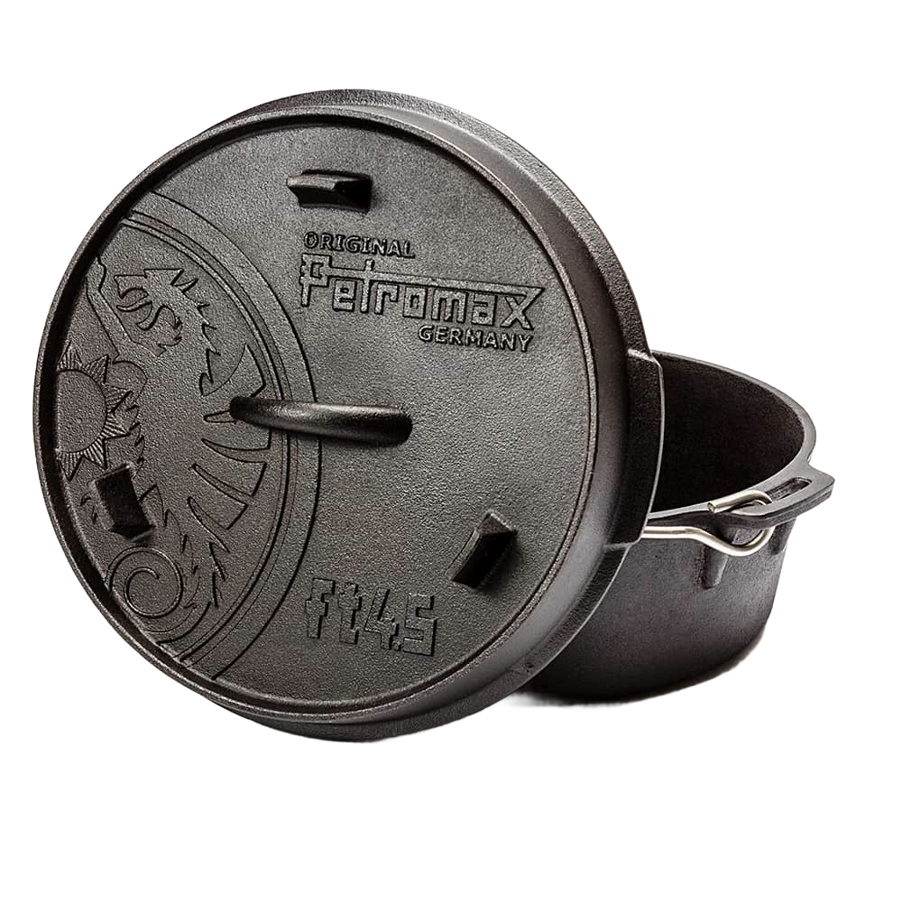 Cast iron Dutch oven with flat base, featuring a secure lid embossed with a dragon and brand markings, crafted for Kitchen & Food, Cookware, Cast Iron, Best Sellers, and Promo Eligible collections.