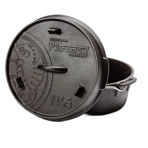 Cast iron Dutch oven with flat base, featuring a secure lid embossed with a dragon and brand markings, crafted for Kitchen & Food, Cookware, Cast Iron, Best Sellers, and Promo Eligible collections.