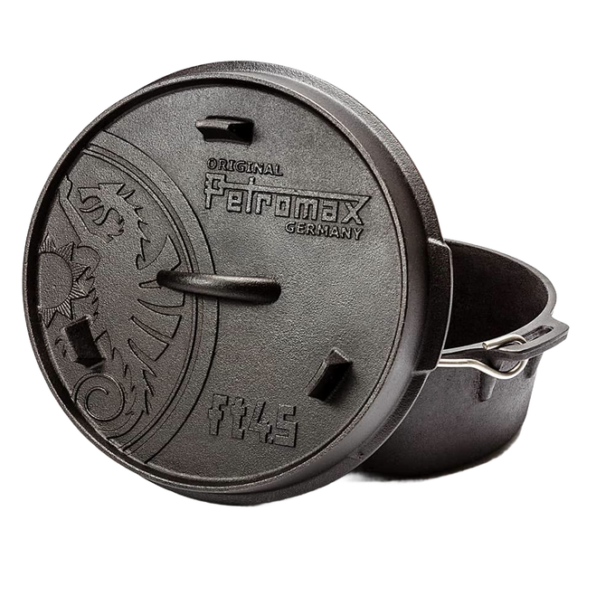 Cast iron Dutch oven with flat base, featuring a secure lid embossed with a dragon and brand markings, crafted for Kitchen & Food, Cookware, Cast Iron, Best Sellers, and Promo Eligible collections.