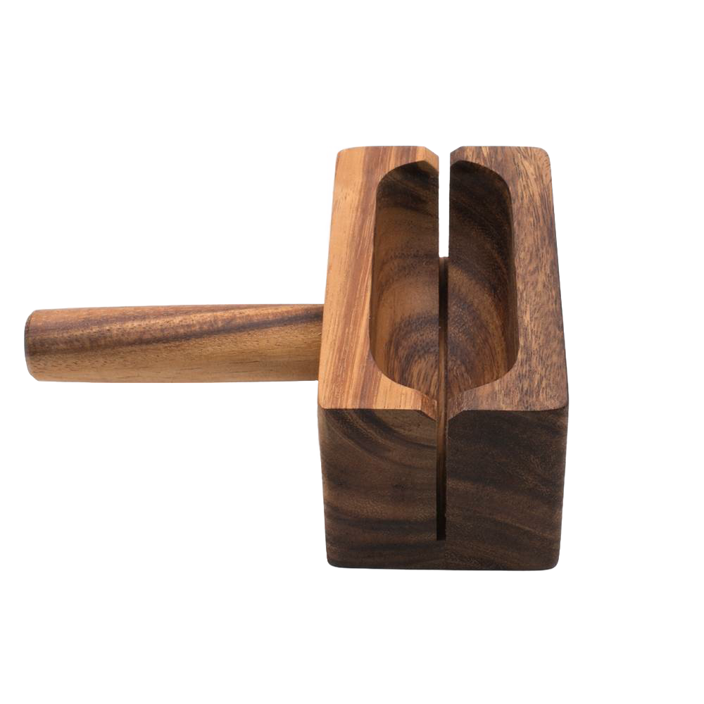 Handcrafted acacia hardwood bagel miter with a wide base and knife slots for safe, precise slicing, perfect for Kitchen & Food, Food Prep, and Bread Making Supplies collections.