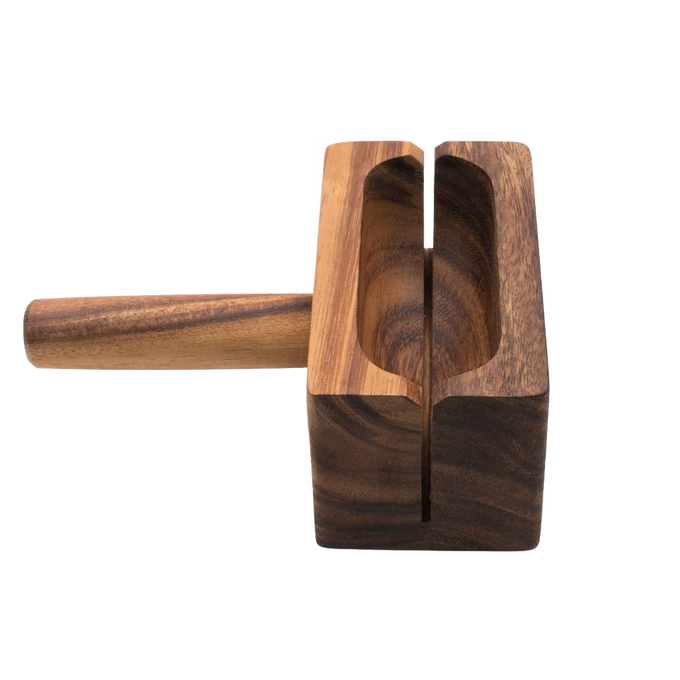 Handcrafted acacia hardwood bagel miter with a wide base and knife slots for safe, precise slicing, perfect for Kitchen & Food, Food Prep, and Bread Making Supplies collections.