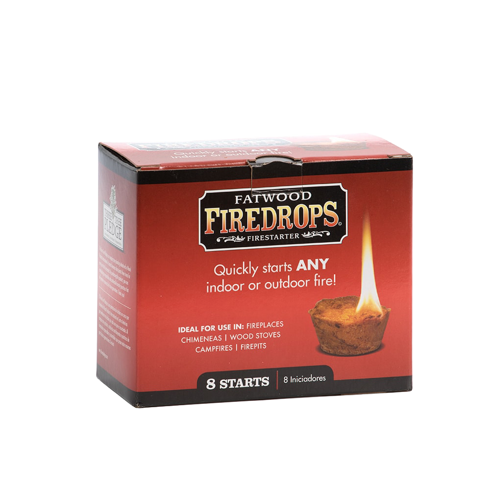 Red and black box of Fatwood Firedrops displaying a lit firestarter, ideal for fireplaces, wood stoves, campfires, and firepits, featured in Farm, Garden & Tool and Camping collections.