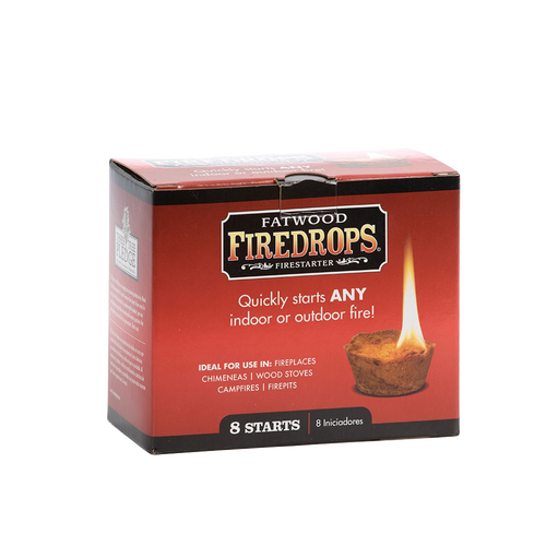 Red and black box of Fatwood Firedrops displaying a lit firestarter, ideal for fireplaces, wood stoves, campfires, and firepits, featured in Farm, Garden & Tool and Camping collections.