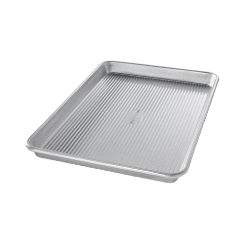 Aluminized steel jelly roll pan with ridged surface for even baking and roasting, handcrafted and made in USA, featured in Kitchen & Food, Cookware, and Baking Supplies collections.