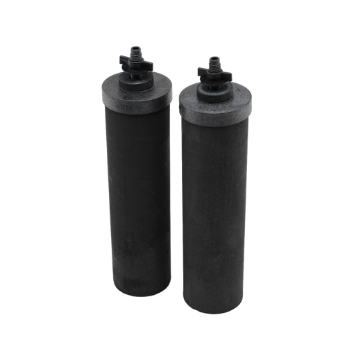 Pair of cylindrical black replacement filters with threaded tops, designed for gravity-fed water treatment, featured in Appliances, Water Heating and Treatment, and Best Sellers collections.