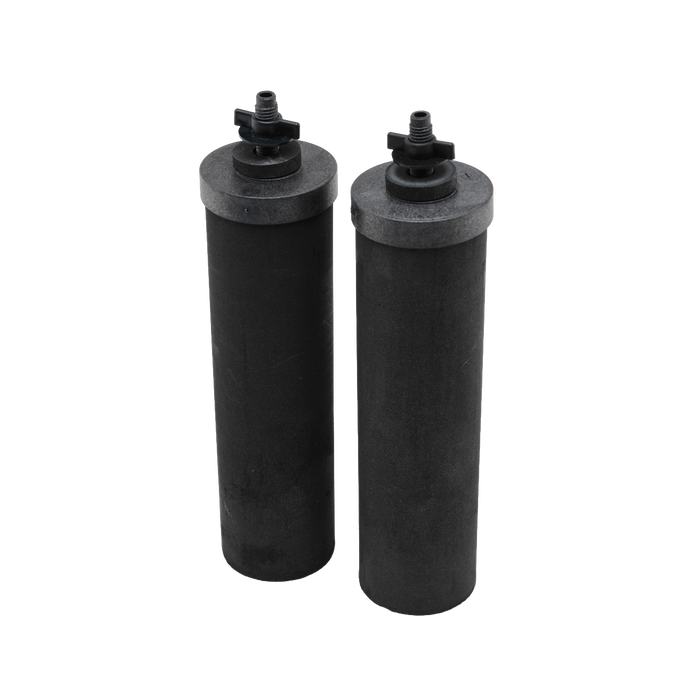 Pair of cylindrical black replacement filters with threaded tops, designed for gravity-fed water treatment, featured in Appliances, Water Heating and Treatment, and Best Sellers collections.