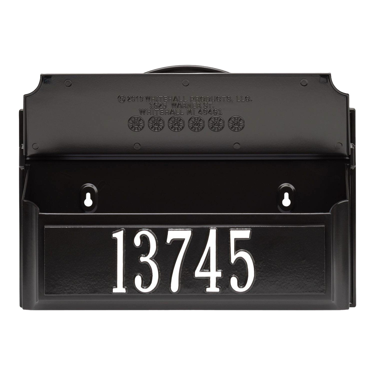Black personalized wall mount mailbox in black with white house numbers, handcrafted in the USA, featured in Home & Decor, Mailboxes and Address Signs, USA Made, and Best Sellers collections.