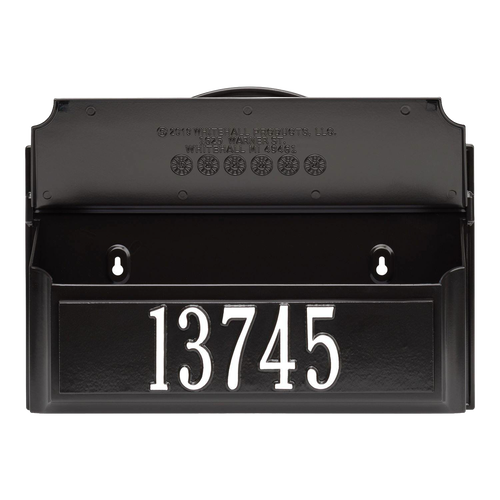 Black personalized wall mount mailbox in black with white house numbers, handcrafted in the USA, featured in Home & Decor, Mailboxes and Address Signs, USA Made, and Best Sellers collections.