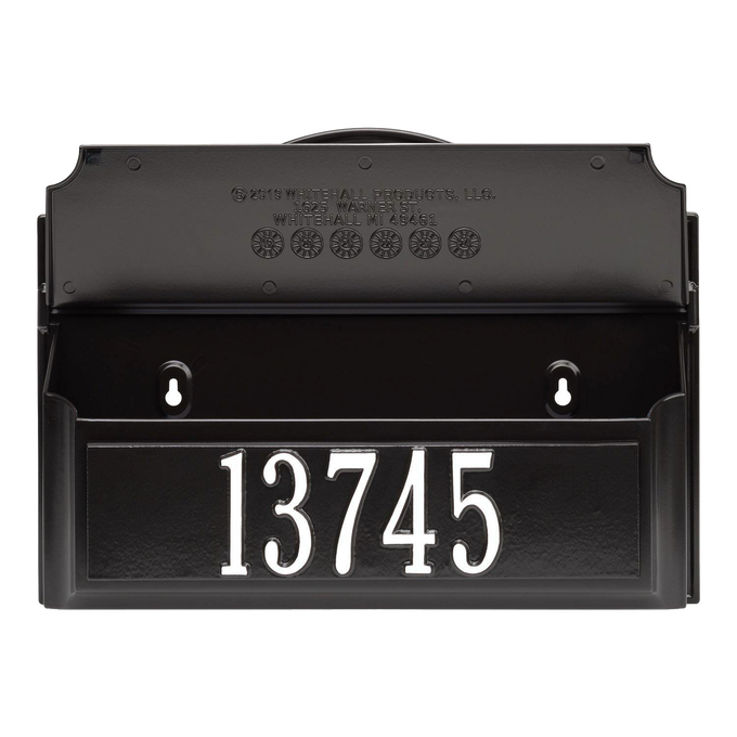 Black personalized wall mount mailbox in black with white house numbers, handcrafted in the USA, featured in Home & Decor, Mailboxes and Address Signs, USA Made, and Best Sellers collections.