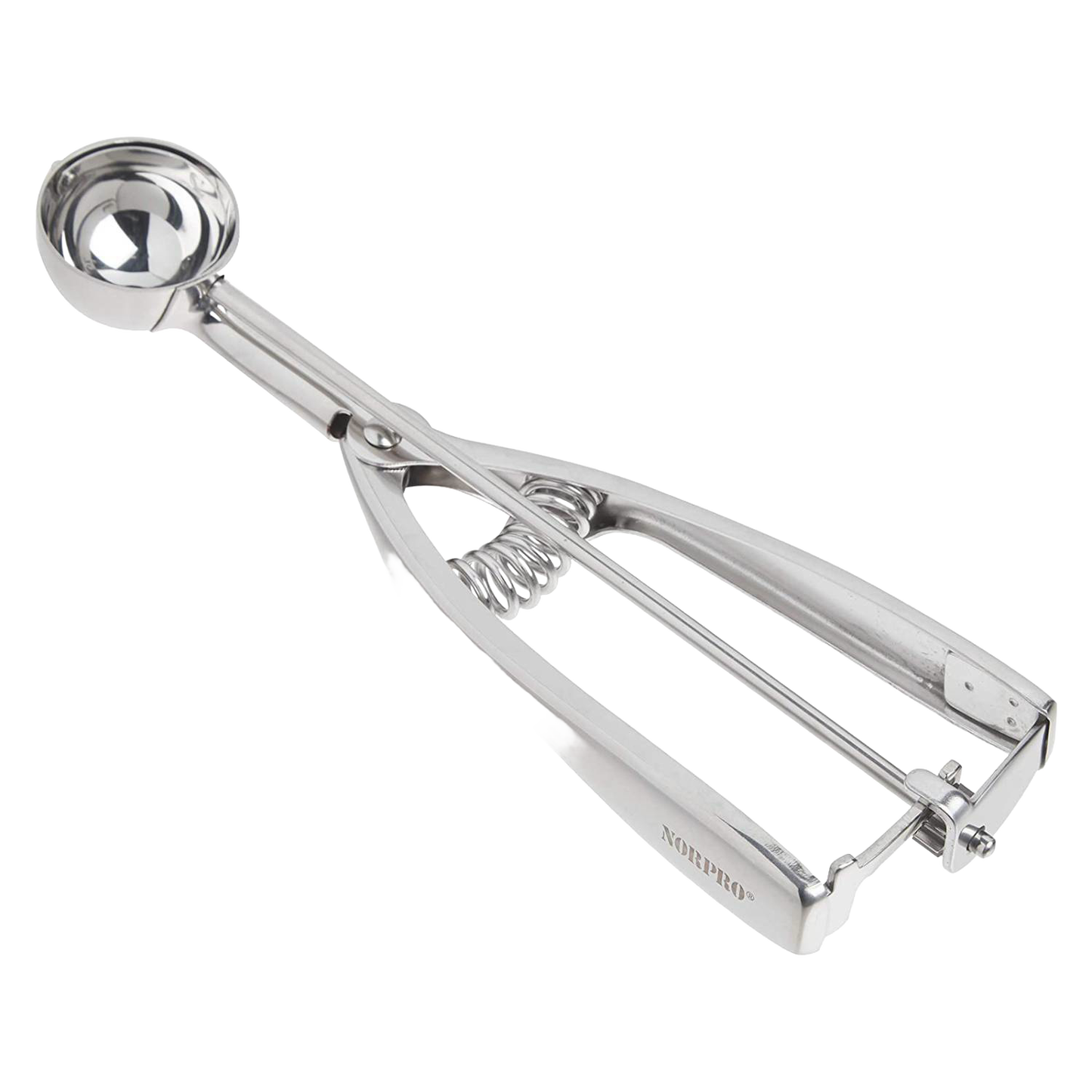 Stainless steel cookie dough scoop with a spring-loaded handle for easy, uniform scooping, handcrafted for Kitchen & Food, Cookware, Baking Supplies, and Best Sellers collections.
