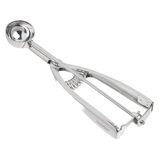 Stainless steel cookie dough scoop with a spring-loaded handle for easy, uniform scooping, handcrafted for Kitchen & Food, Cookware, Baking Supplies, and Best Sellers collections.
