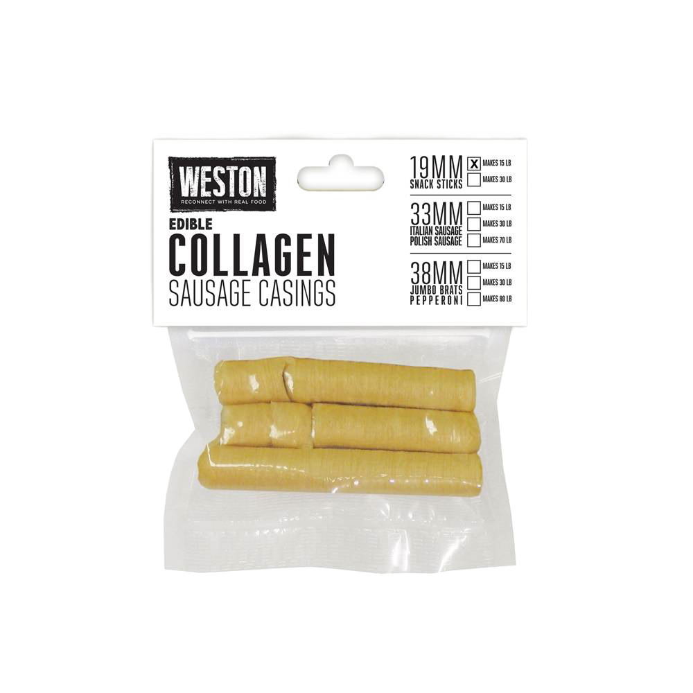 Pack of edible collagen sausage casings in clear packaging with size and usage details, featured in Kitchen & Food, Specialty Equipment, Butchering Supplies, and Best Sellers collections.
