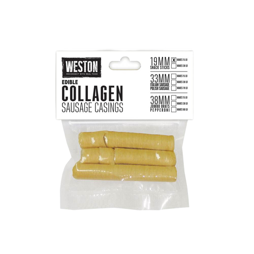 Pack of edible collagen sausage casings in clear packaging with size and usage details, featured in Kitchen & Food, Specialty Equipment, Butchering Supplies, and Best Sellers collections.