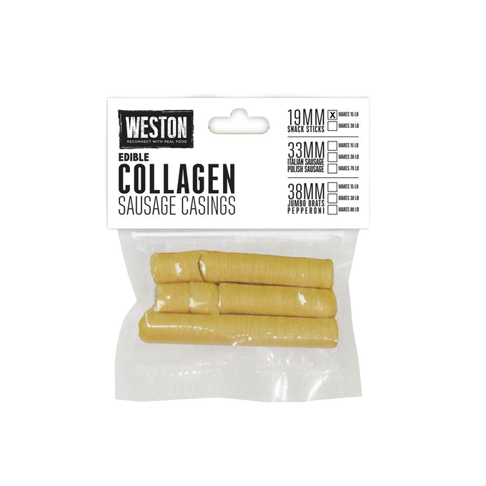 Pack of edible collagen sausage casings in clear packaging with size and usage details, featured in Kitchen & Food, Specialty Equipment, Butchering Supplies, and Best Sellers collections.