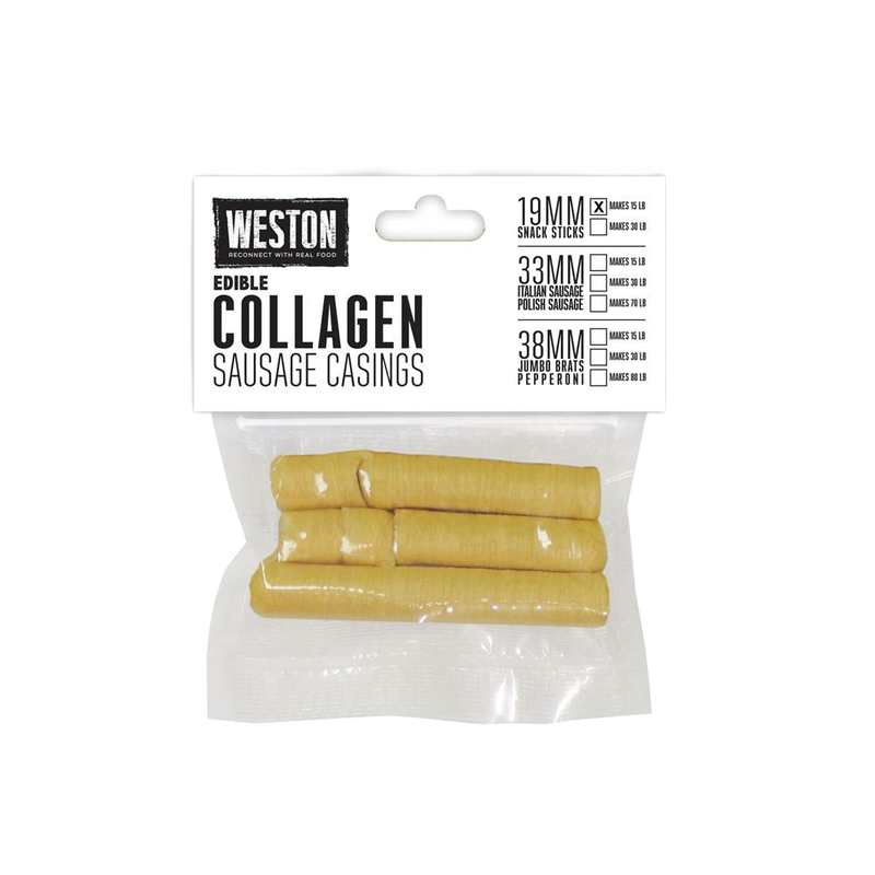 Pack of edible collagen sausage casings in clear packaging with size and usage details, featured in Kitchen & Food, Specialty Equipment, Butchering Supplies, and Best Sellers collections.
