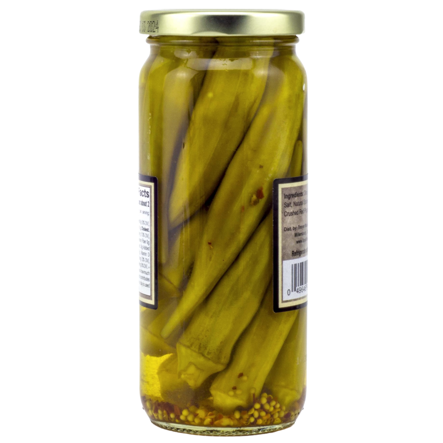 Transparent glass jar of handcrafted pickled hot okra with mustard seeds and spices, made in USA, featured in Kitchen & Food, Pantry, Best Sellers, and Promo Eligible collections.