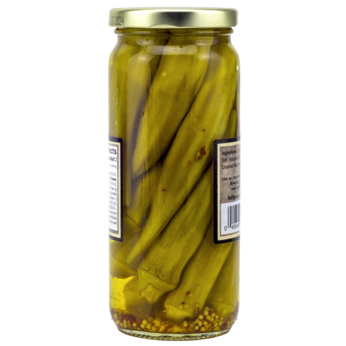 Transparent glass jar of handcrafted pickled hot okra with mustard seeds and spices, made in USA, featured in Kitchen & Food, Pantry, Best Sellers, and Promo Eligible collections.