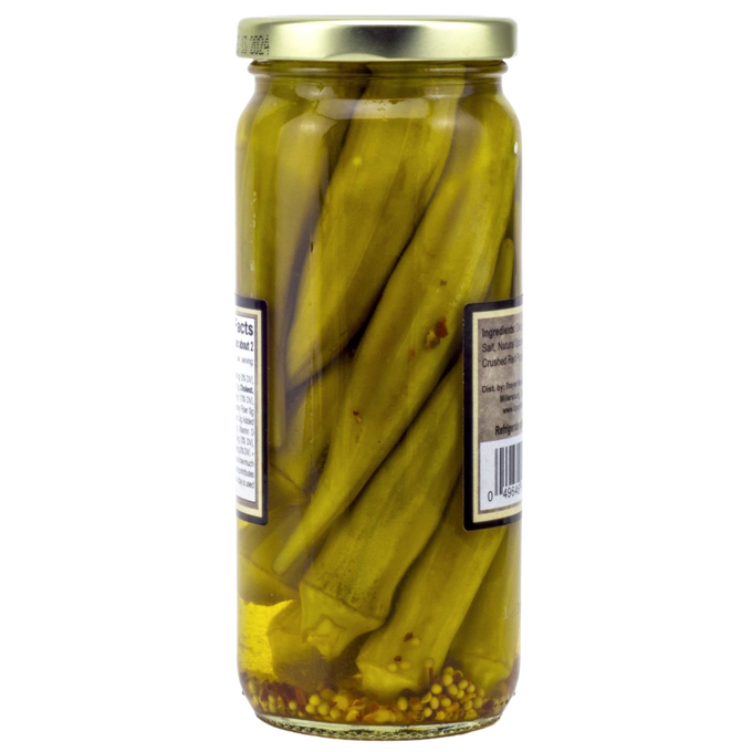 Transparent glass jar of handcrafted pickled hot okra with mustard seeds and spices, made in USA, featured in Kitchen & Food, Pantry, Best Sellers, and Promo Eligible collections.