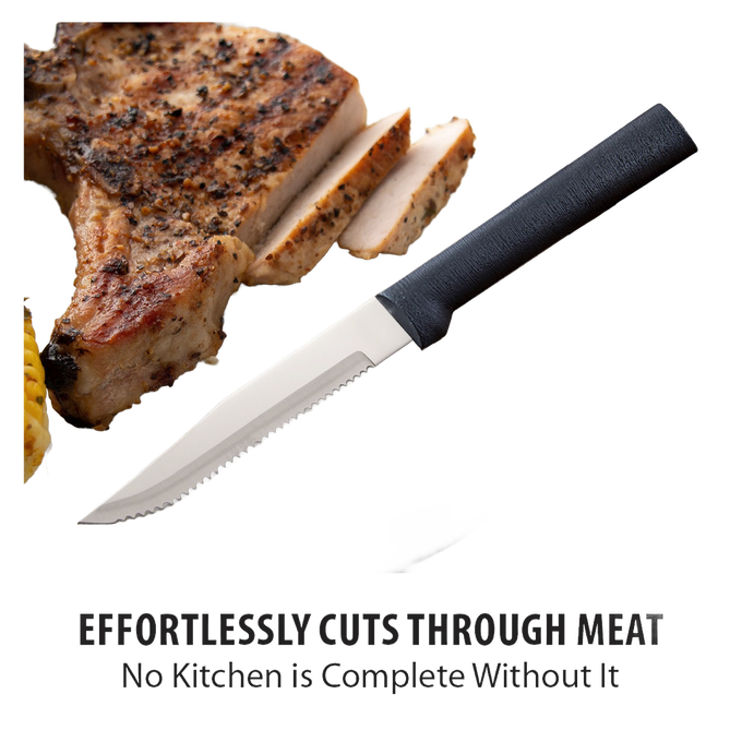 Handcrafted Rada serrated steak knife with high carbon surgical stainless steel blade and solid black handle slicing through grilled meat, ideal for Kitchen & Food and USA Made collections.