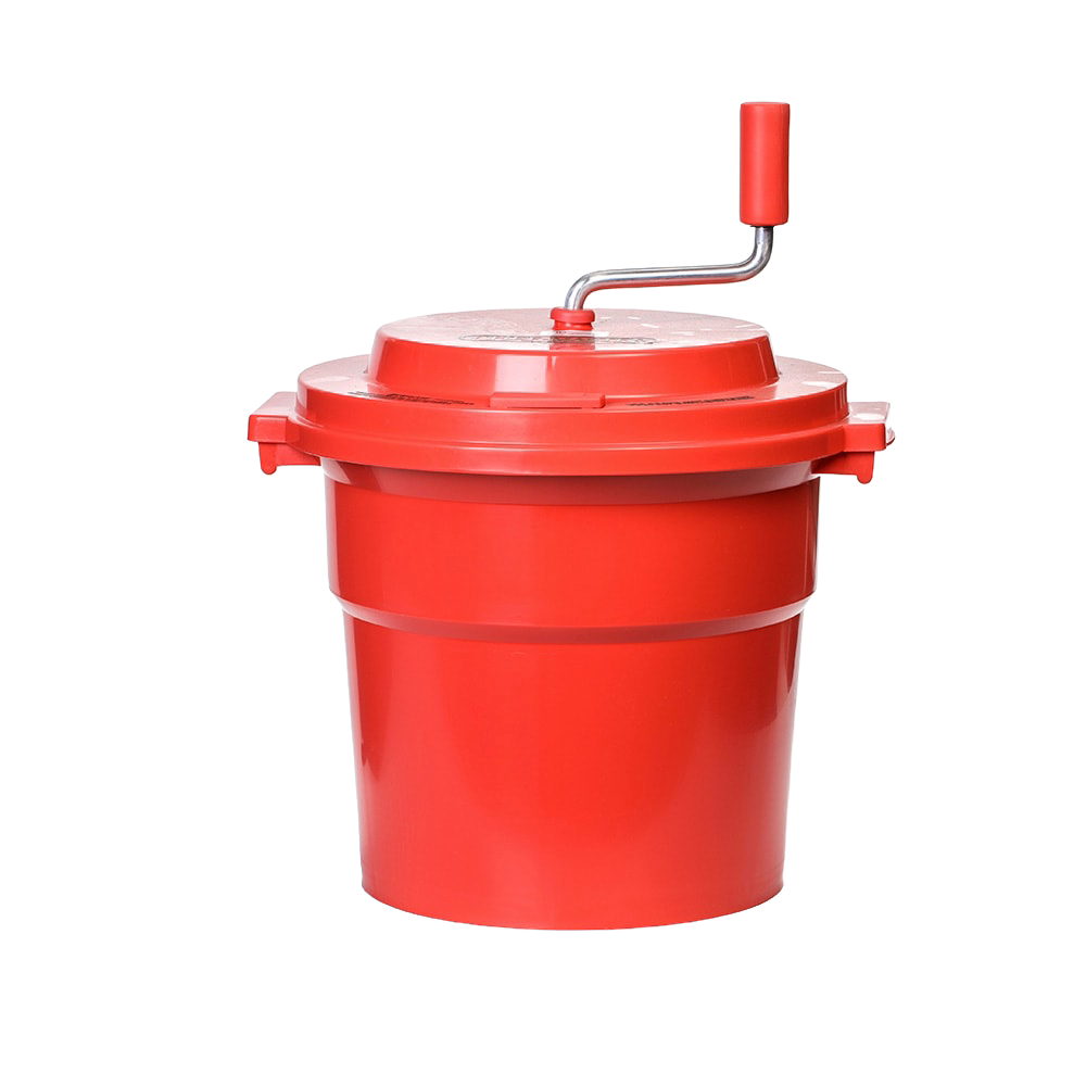 Bright red hand-powered spinner with a crank handle and secure lid, designed for fast clothes wringing and dual use in laundry and home decor collections.
