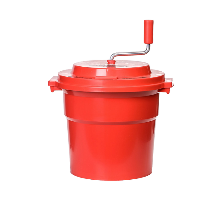 Bright red hand-powered spinner with a crank handle and secure lid, designed for fast clothes wringing and dual use in laundry and home decor collections.