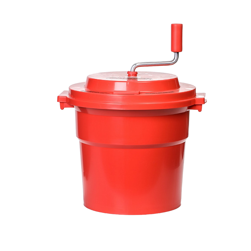 Bright red hand-powered spinner with a crank handle and secure lid, designed for fast clothes wringing and dual use in laundry and home decor collections.