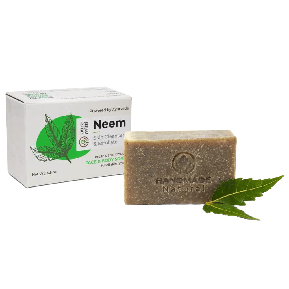 Natural handmade bar soap infused with neem leaves, designed for gentle skin cleansing and exfoliation, featured in Health & Wellness, Soaps, and Best Sellers collections.