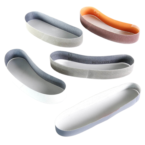Set of five replacement abrasive belts in varying grits for versatile knife and tool sharpening, suitable for Kitchen & Food, Food Prep, Knives, Sharpeners and Cutting Boards, and Best Sellers collections.