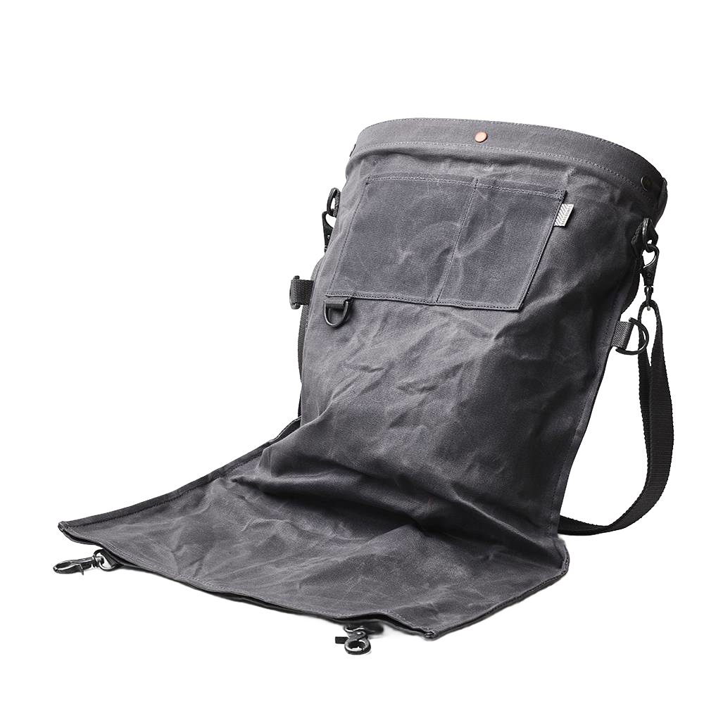Durable weather- and water-resistant harvesting bag in charcoal gray with convertible straps, featuring a removable watertight liner, perfect for farm, garden & tool, and apple harvest supplies collections.