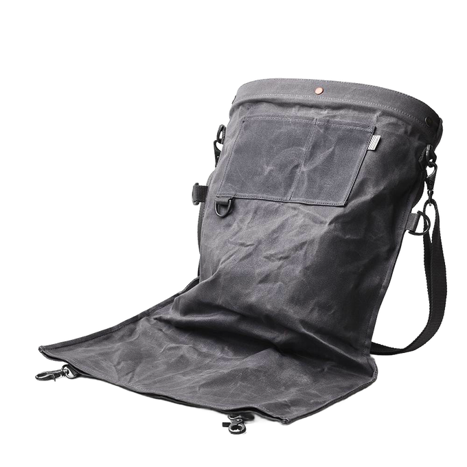 Durable weather- and water-resistant harvesting bag in charcoal gray with convertible straps, featuring a removable watertight liner, perfect for farm, garden & tool, and apple harvest supplies collections.