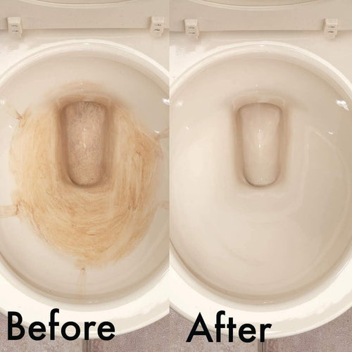 Side-by-side comparison of a toilet bowl stained with mineral deposits before and sparkling clean after using safe, chemical-free magnets, suitable for household cleaning and home decor.