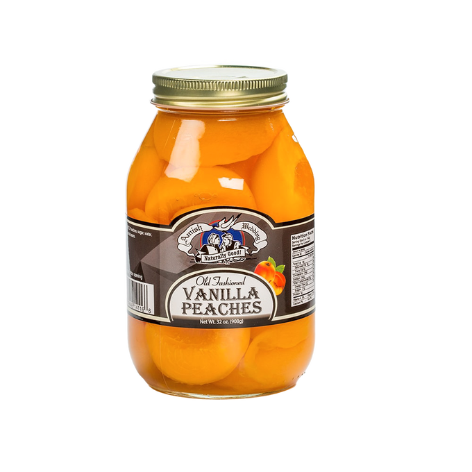 Glass jar of old-fashioned canned vanilla-flavored peaches with natural syrup, handcrafted and USA made, featured in Kitchen & Food, Food, Pantry, USA Made, Best Sellers, Promo Eligible collections.