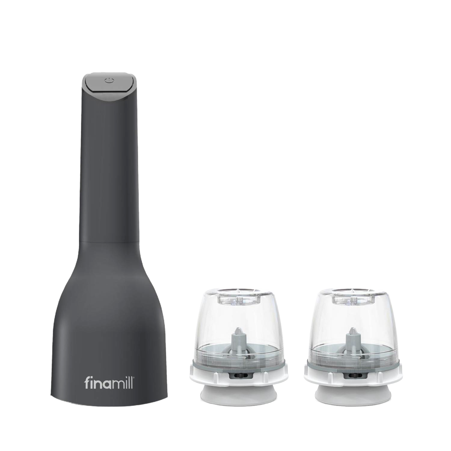 Compact dark gray electric spice grinder with two clear interchangeable pods for versatile grinding, ideal for Kitchen & Food, Kitchen Gadgets, and Best Sellers collections.