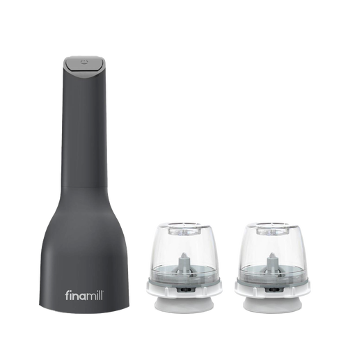 Compact dark gray electric spice grinder with two clear interchangeable pods for versatile grinding, ideal for Kitchen & Food, Kitchen Gadgets, and Best Sellers collections.
