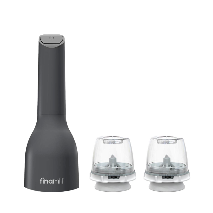 Compact dark gray electric spice grinder with two clear interchangeable pods for versatile grinding, ideal for Kitchen & Food, Kitchen Gadgets, and Best Sellers collections.