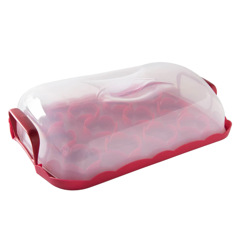 Clear domed container with scalloped red edges and snap-lock handles, designed to hold a dozen cupcakes, crafted for Kitchen & Food, Baking Supplies, Storage and Serving, and USA Made collections.