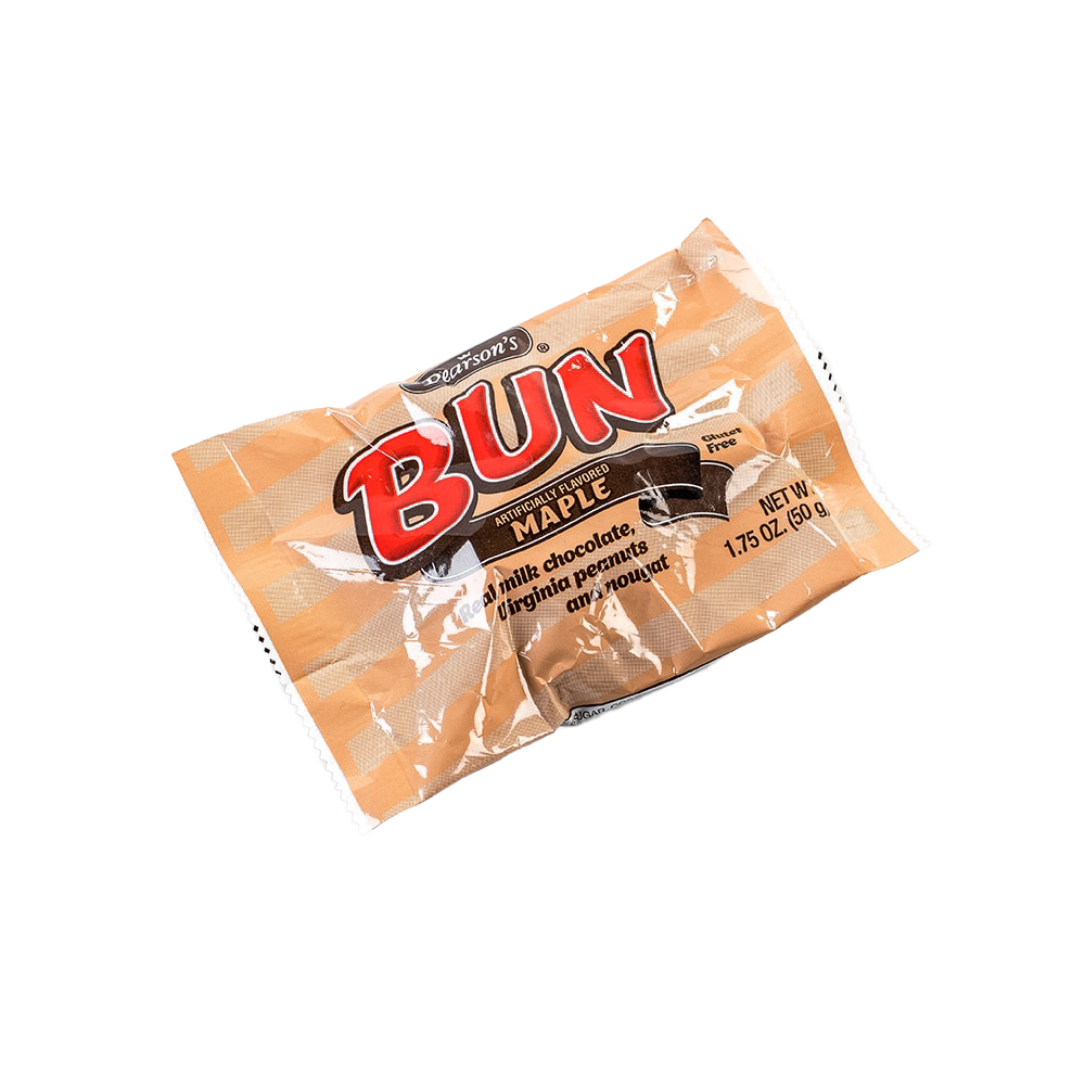 Single wrapped maple-flavored candy bar made with real milk chocolate, Virginia pecans, and nougat, gluten-free and handcrafted in USA, part of Kitchen & Food and Candy collections.