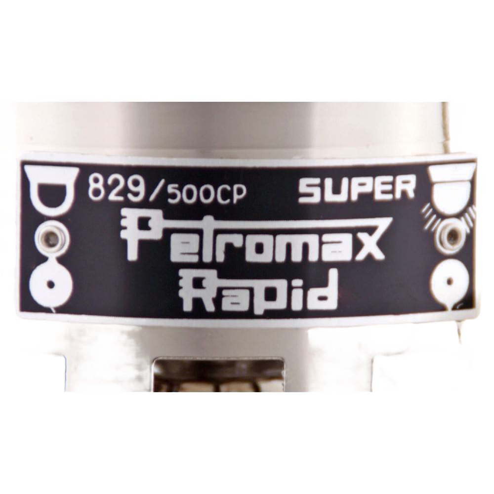 Close-up of the Petromax kerosene pressure lamp burner labeled 829/500CP Super Rapid, designed for bright, durable lighting in camping, emergency supplies, and outdoor collections.