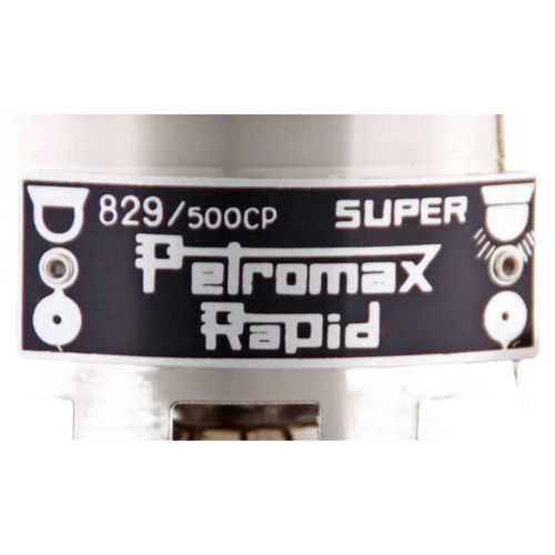 Close-up of the Petromax kerosene pressure lamp burner labeled 829/500CP Super Rapid, designed for bright, durable lighting in camping, emergency supplies, and outdoor collections.