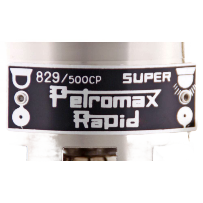 Close-up of the Petromax kerosene pressure lamp burner labeled 829/500CP Super Rapid, designed for bright, durable lighting in camping, emergency supplies, and outdoor collections.
