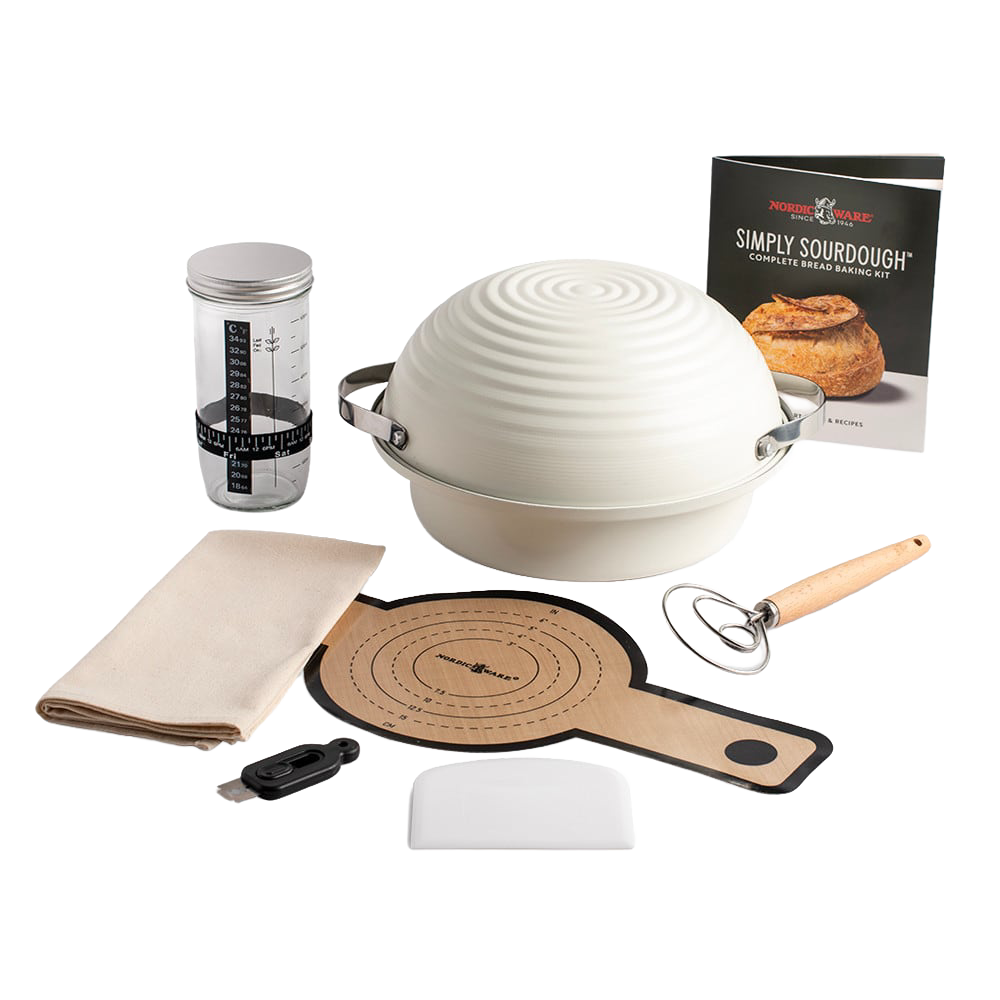 Complete sourdough bread making set with ceramic proofing bowl, dough scraper, wooden-handled whisk, measuring container, linen cloth, and recipe booklet, ideal for Kitchen & Food and Baking Supplies collections.